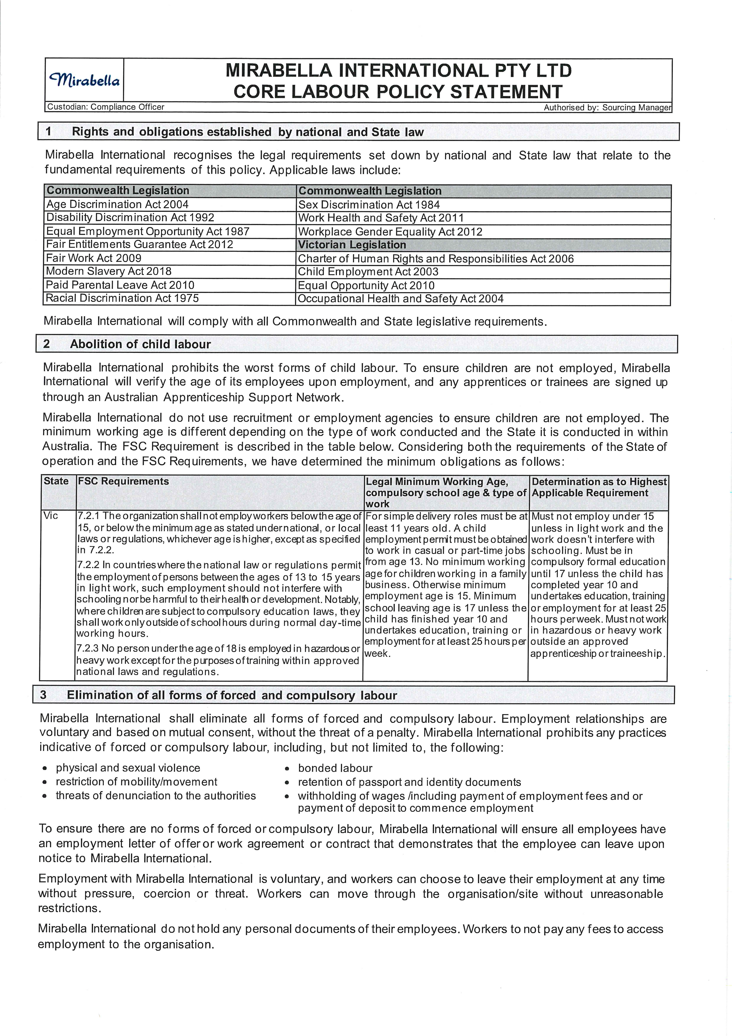 Mirabella Core Labour Policy Page 1