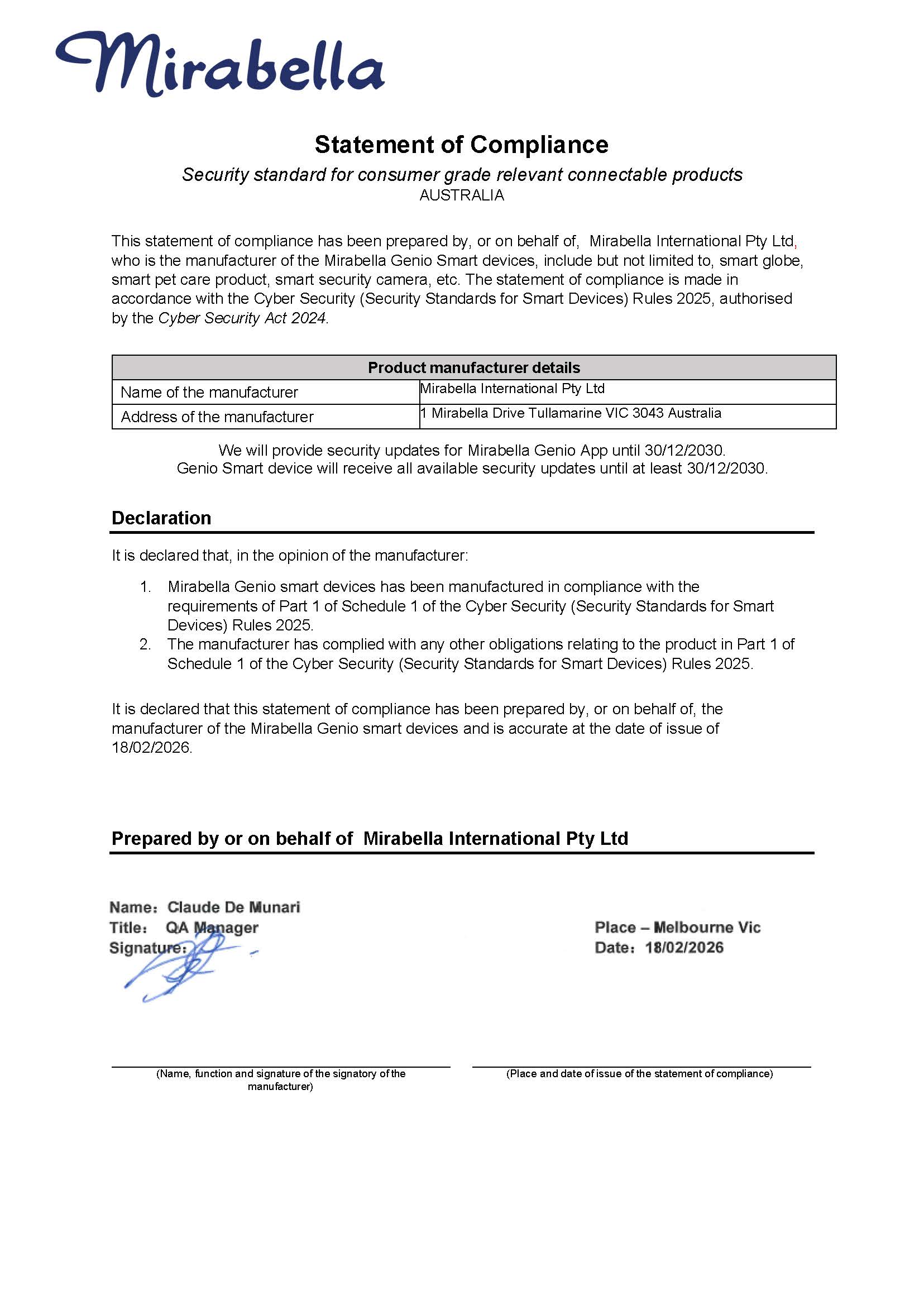 Statement of Compliance